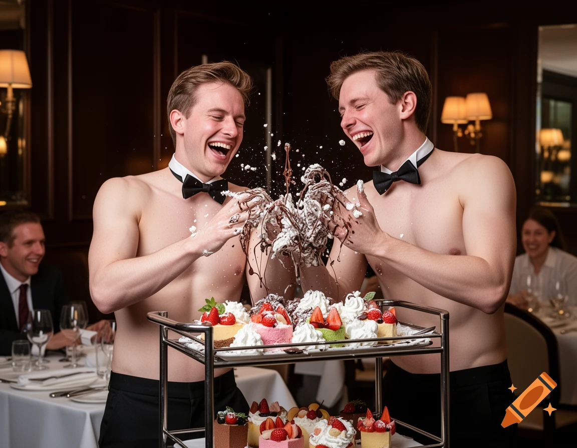 Two shirtless waiters in bow ties laugh while splatting desserts from a trolley in a restaurant.