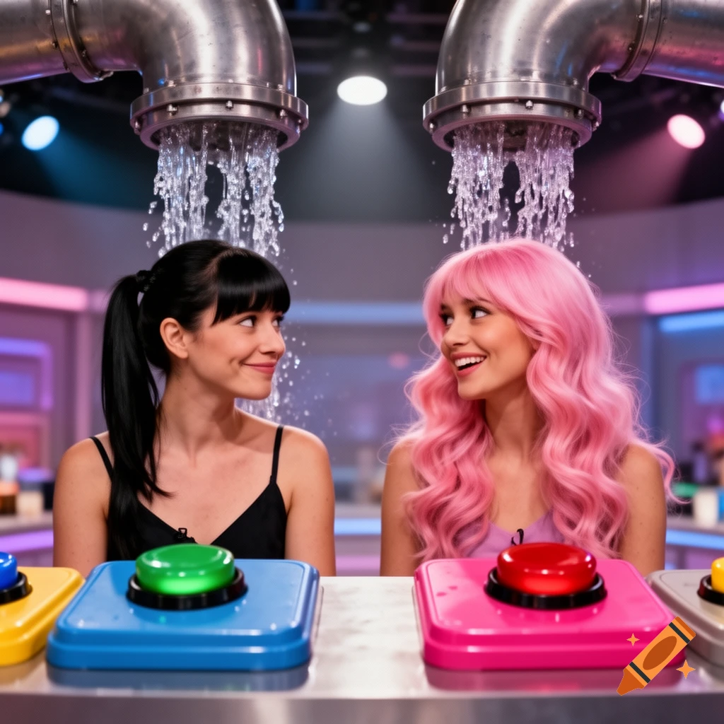 Two smiling women, one with black hair and one with pink hair, stand behind colorful buttons while water showers from pipes above.