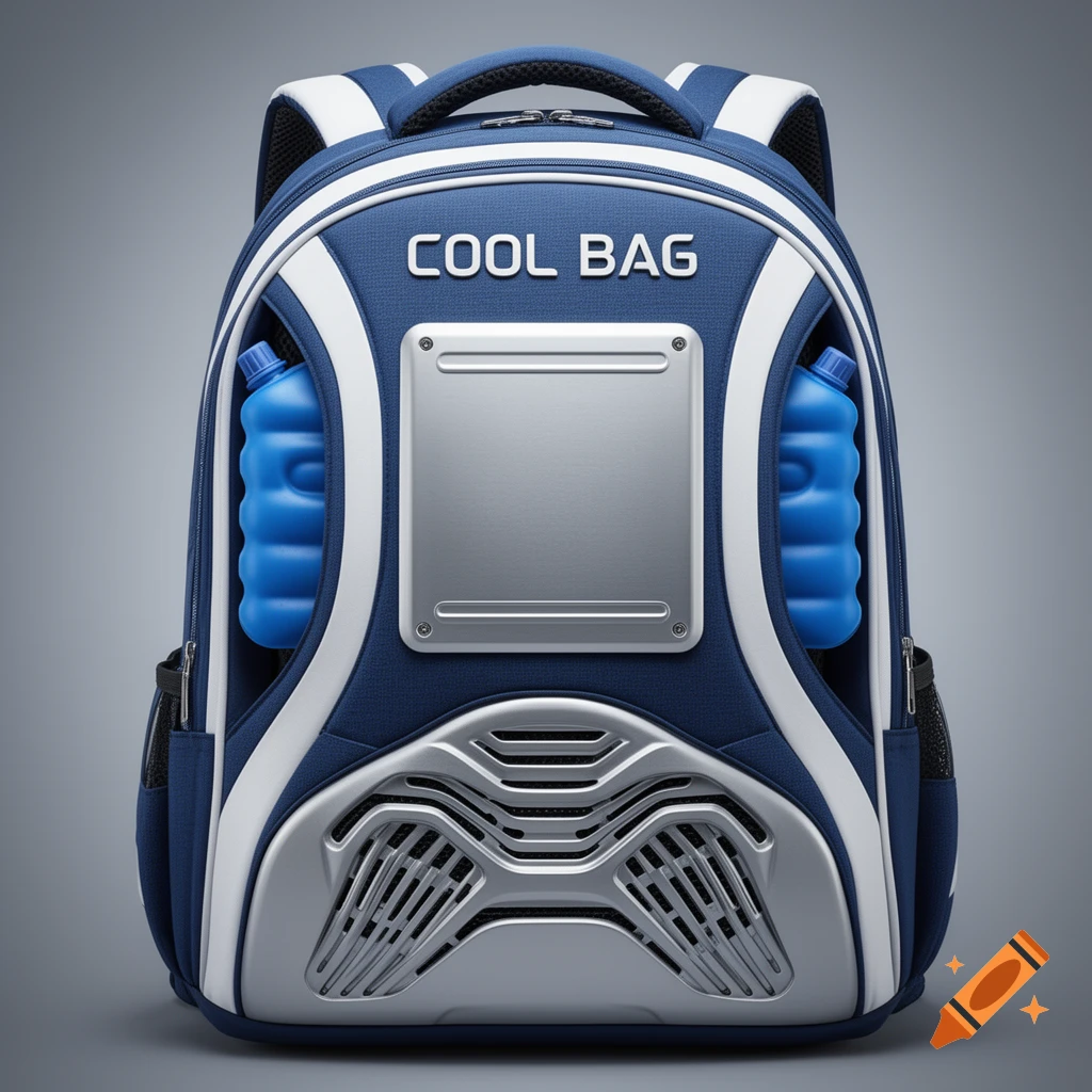 A close-up of a futuristic blue and white backpack with silver cooling plates, blue ice packs, and 'COOL BAG' text.