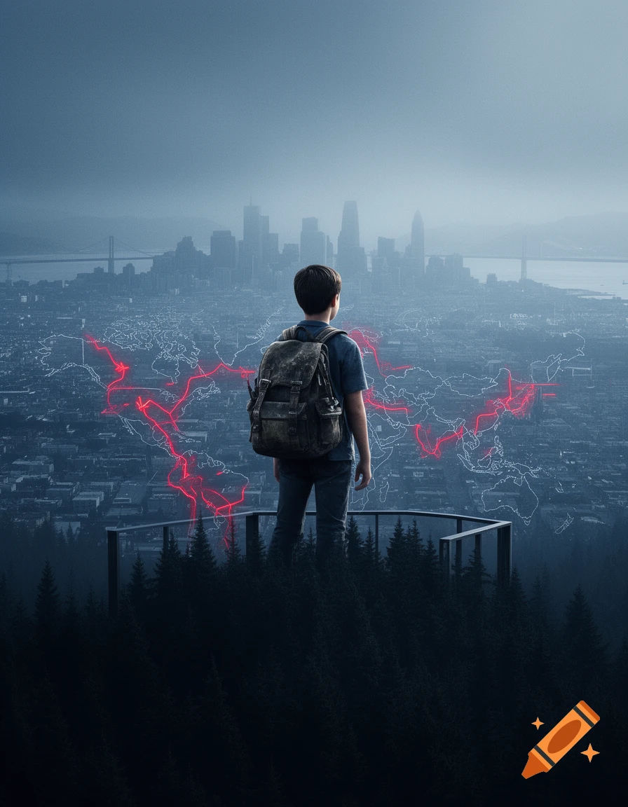 A boy with a backpack stands on a viewpoint, looking over a misty city skyline with a glowing red world map overlay, above dark forests.