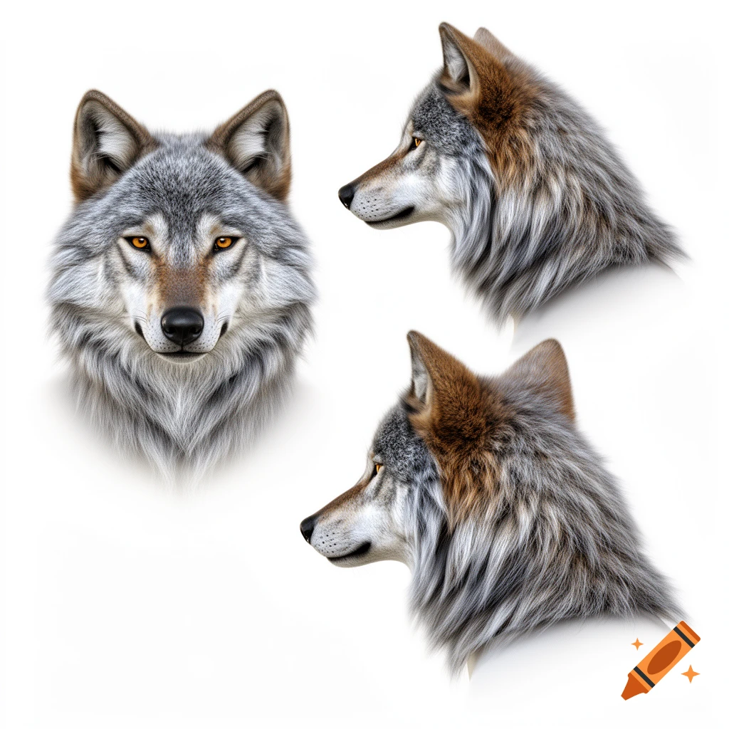 Three detailed wolf heads on a white background: one facing forward, and two in profile facing left.