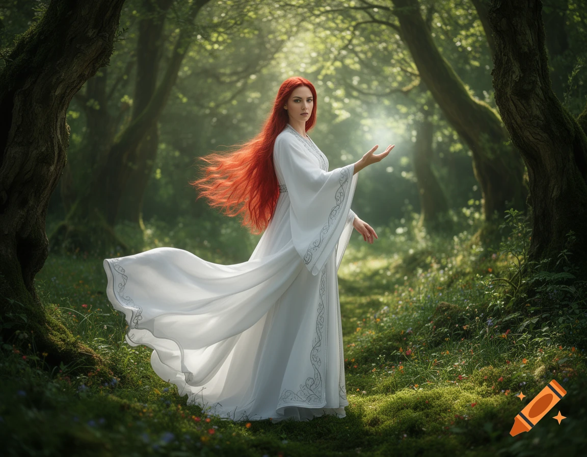 A woman with long red hair and a white flowing robe stands in a magical, sunlit forest, holding one hand out.