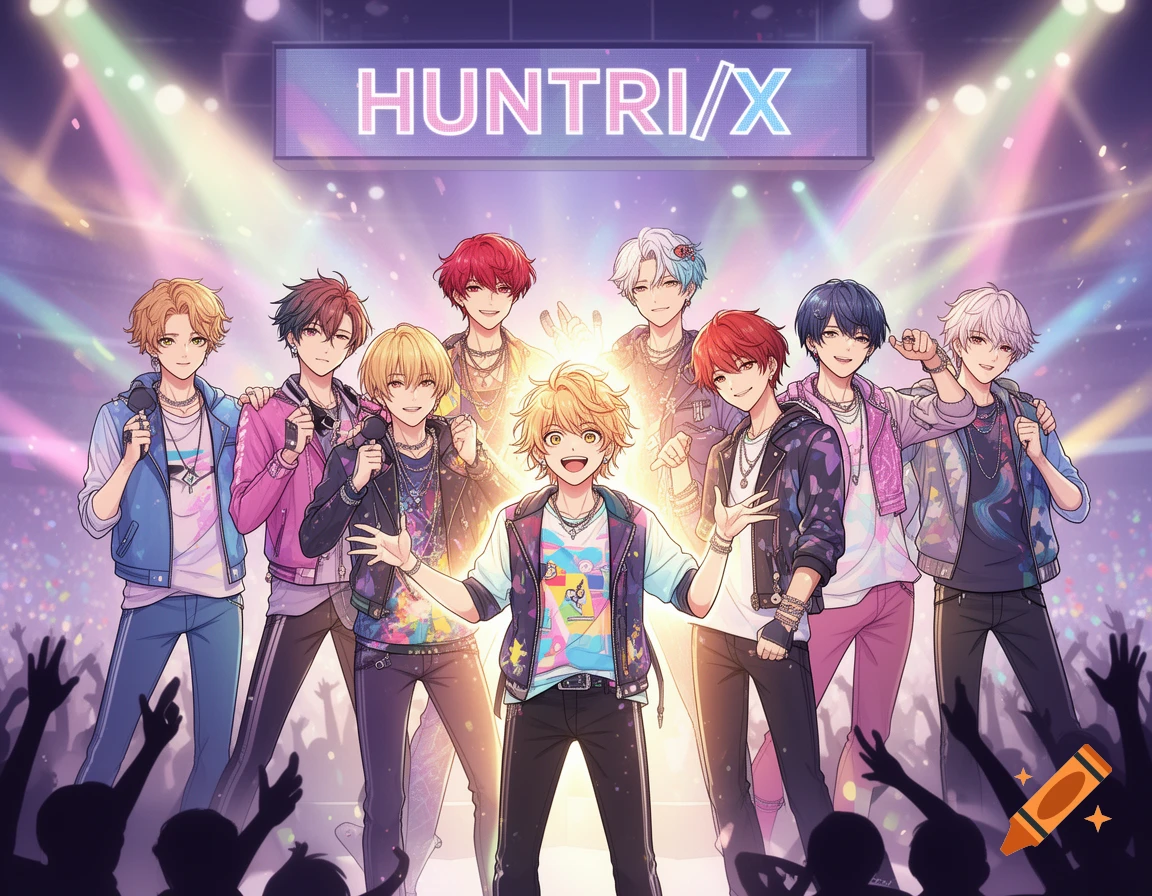 An anime-style male K-pop group, HUNTRI/X, performing on a brightly lit stage in front of a cheering crowd.