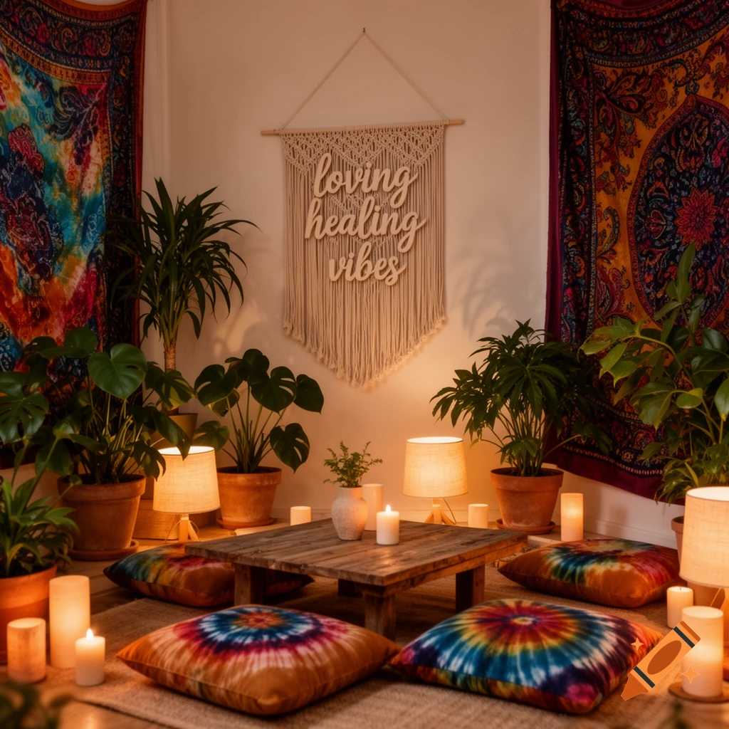Cozy bohemian room with plants, tie-dye cushions, candles, and a macrame wall hanging with 'loving healing vibes' text, in a warm light.