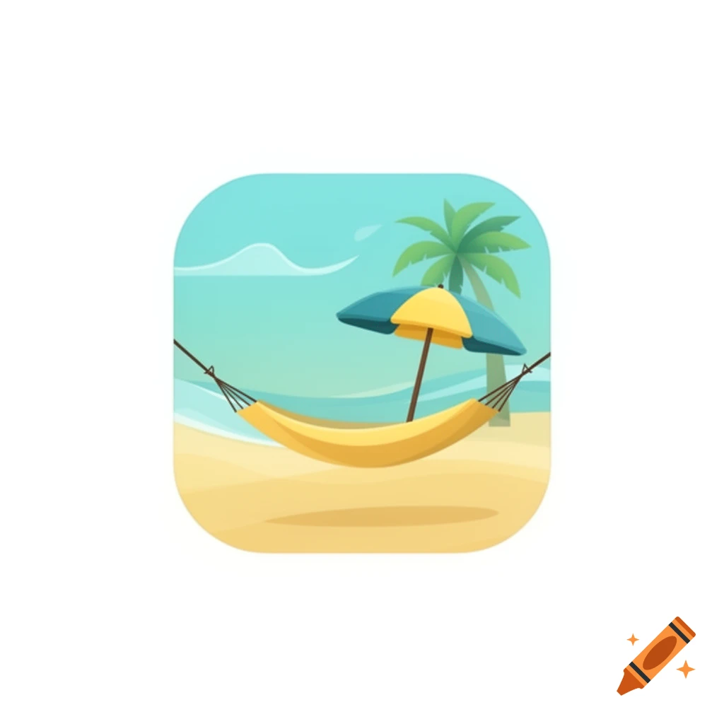 A cartoon icon featuring a yellow hammock on a sandy beach with a blue and yellow umbrella and a palm tree under a light blue sky.