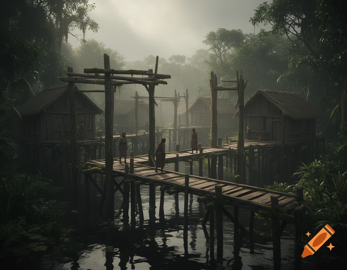 A mist-shrouded village built on wooden stilts over dark water in a dense, lush jungle, with figures walking on raised platforms.