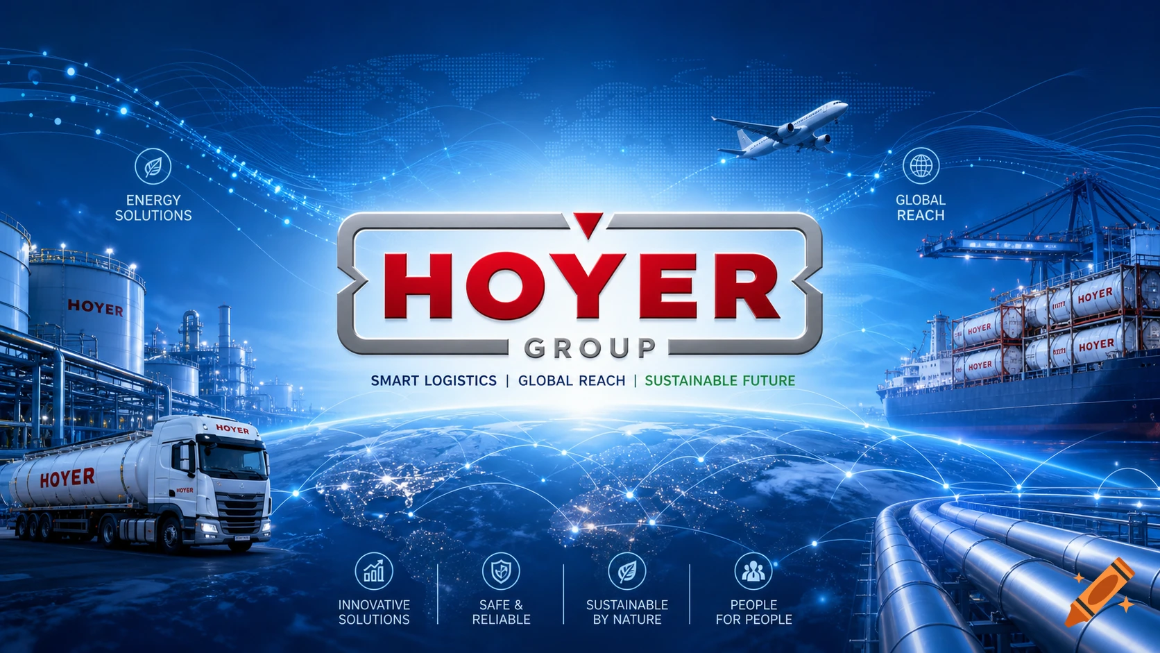 A global logistics and industry composite image with the Hoyer Group logo centered above an illuminated Earth, flanked by a chemical plant, tanker truck, cargo ship, and airplane.