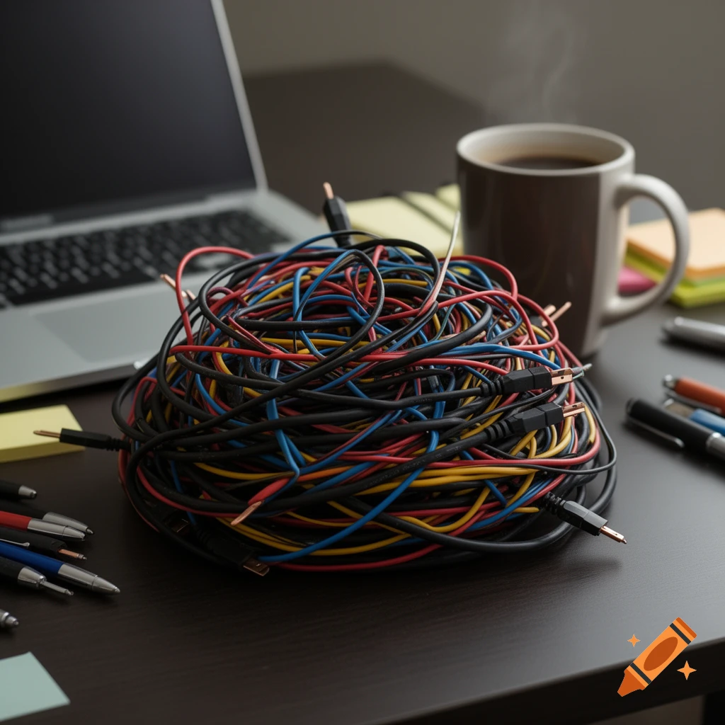 A tangled pile of colorful electronic cables on a dark desk next to a laptop and a steaming coffee mug.