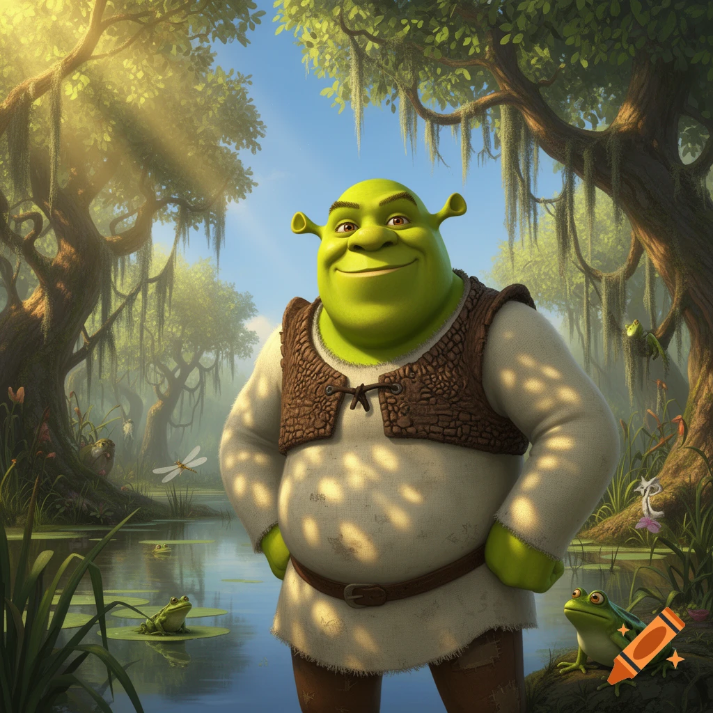 Shrek stands smiling in a vibrant, sunlit swamp filled with lush trees, water, and frogs, in a photorealistic animated style.
