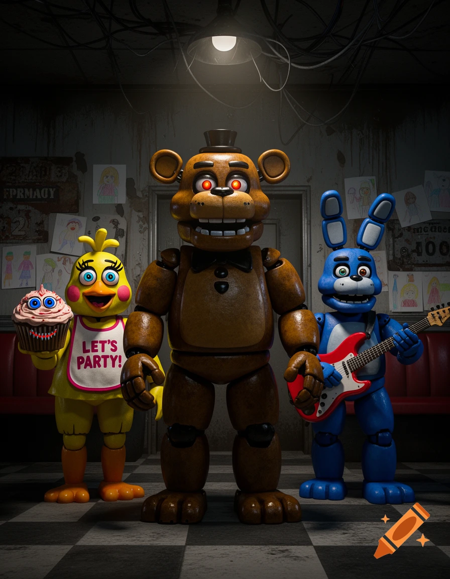 Photorealistic Toy animatronics from FNAF 2, including Toy Chica, Toy Freddy with glowing red eyes, and Toy Bonnie holding a guitar, standing in a dimly lit, grungy room with children's drawings on the wall.