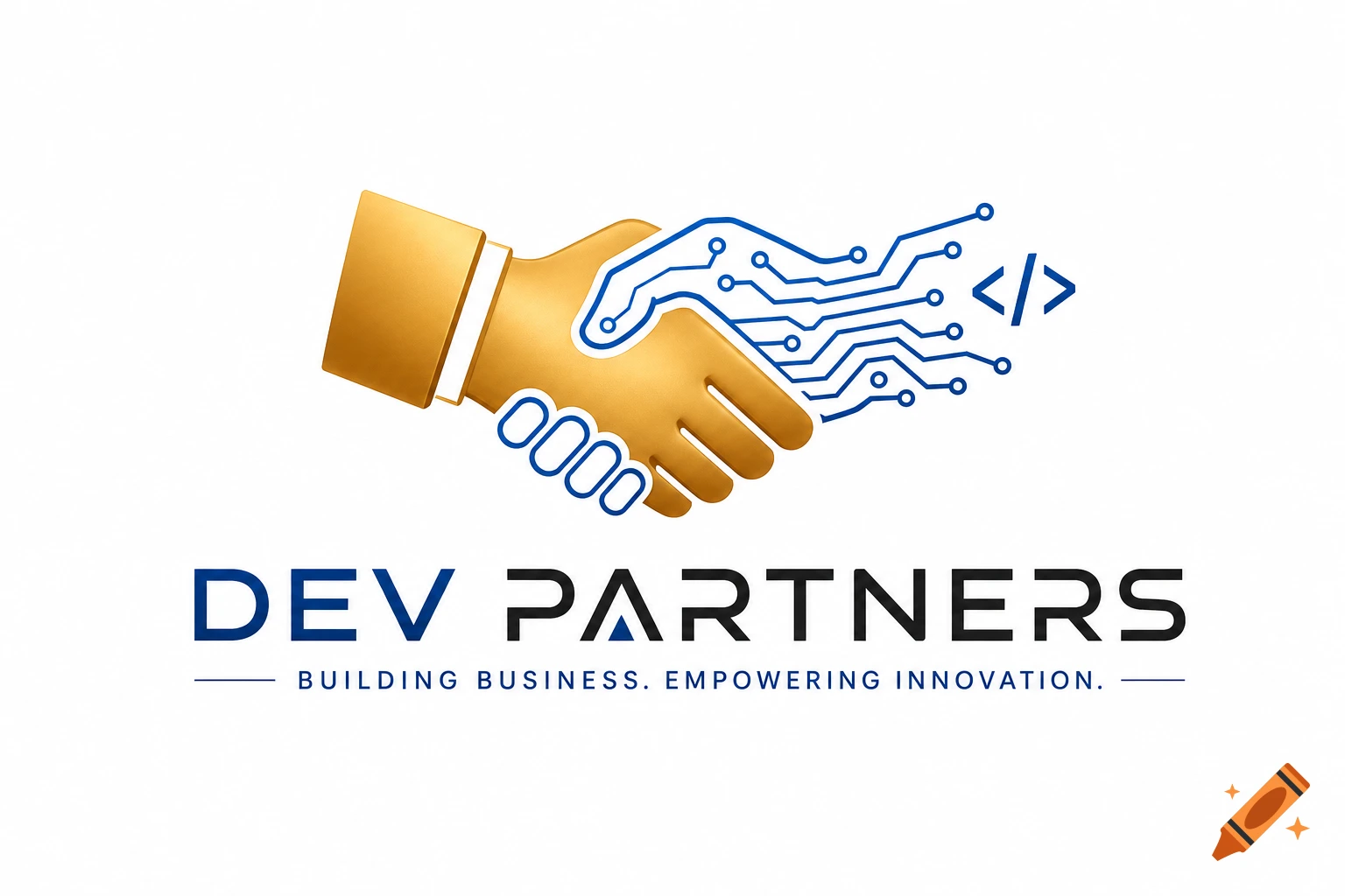 Logo with two hands shaking, one gold and one blue circuit board lines, with text 'DEV PARTNERS BUILDING BUSINESS. EMPOWERING INNOVATION.' on a white background.