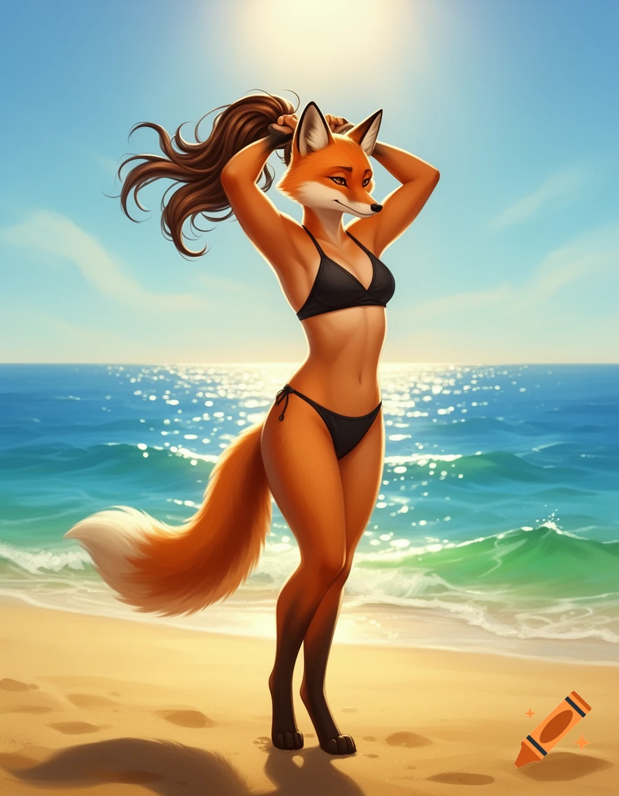 An animated anthropomorphic female fox in a black bikini tying her brown hair into a ponytail on a sunny beach.