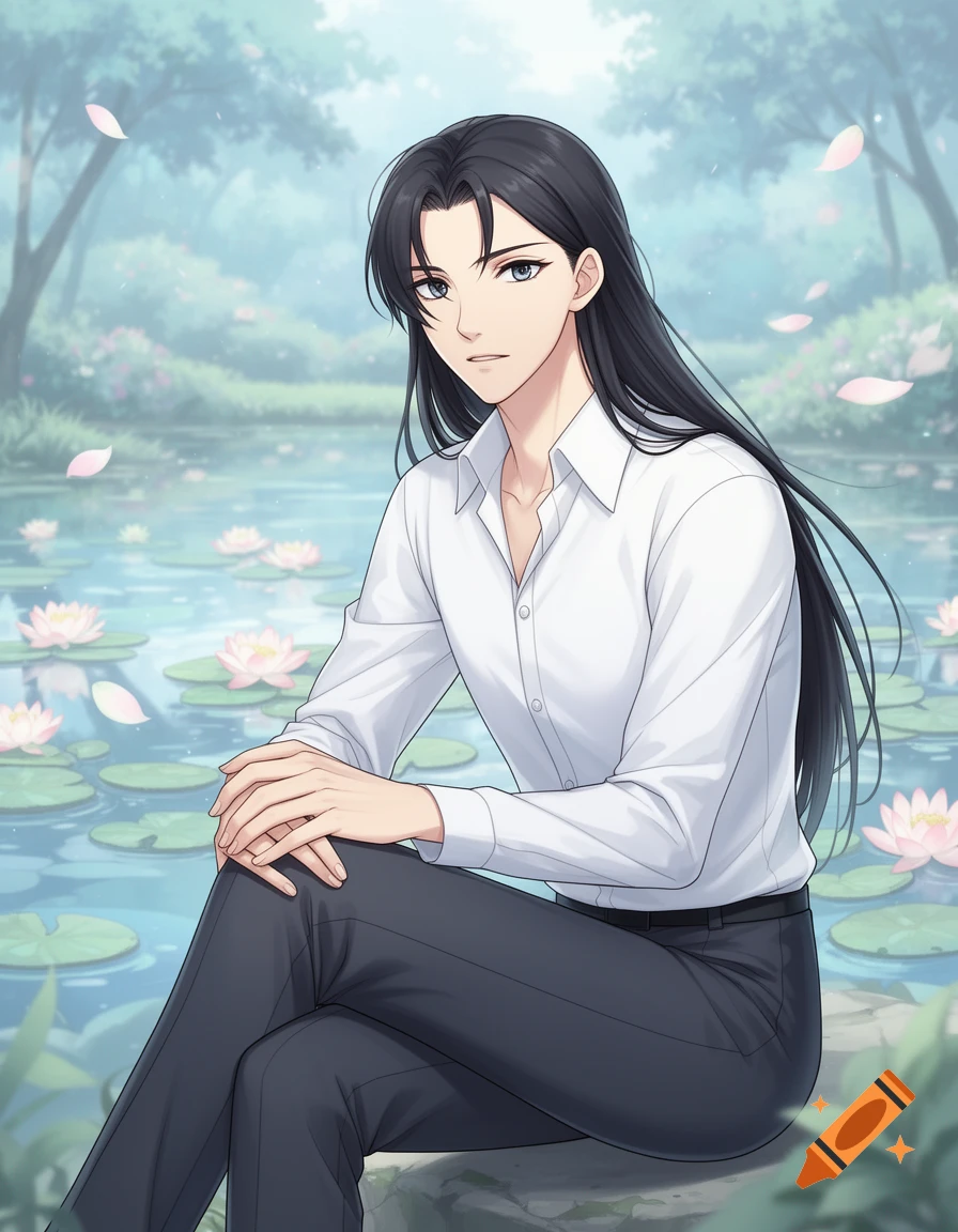 An anime-style man with long black hair and a white shirt sits cross-legged by a serene pond with water lilies.