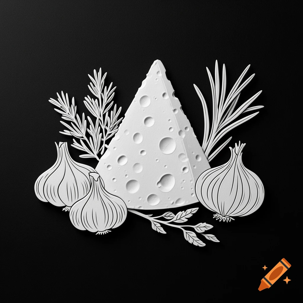 Black and white paper-cut relief of a cheese wedge with garlic bulbs and herbs on a black background.