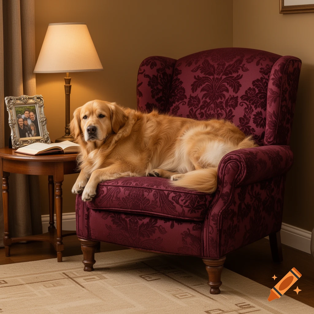 A photorealistic image of a golden retriever dog resting on a red patterned armchair next to a wooden side table with a lamp and framed photo.