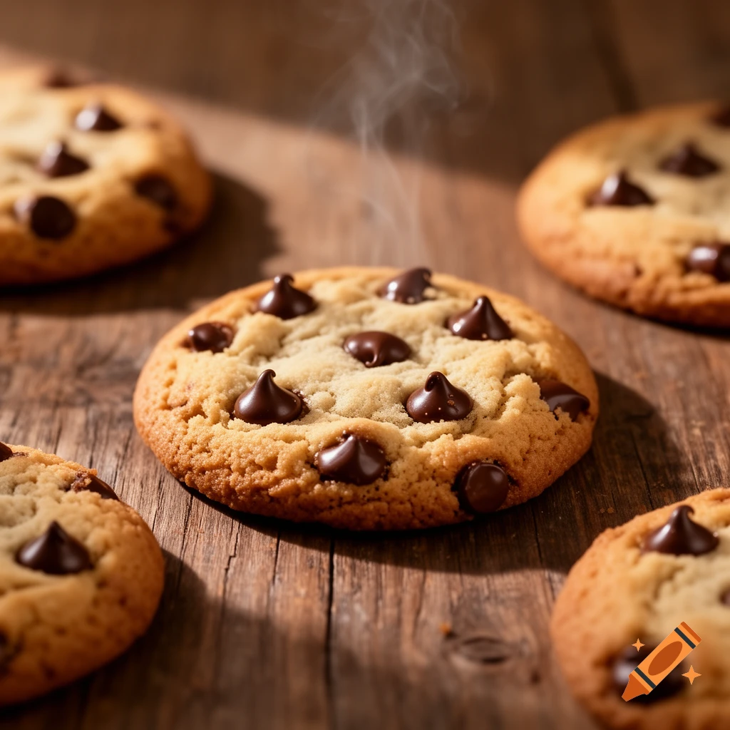 Warm chocolate chip cookies with steam on a rustic wooden table. Photorealistic style.