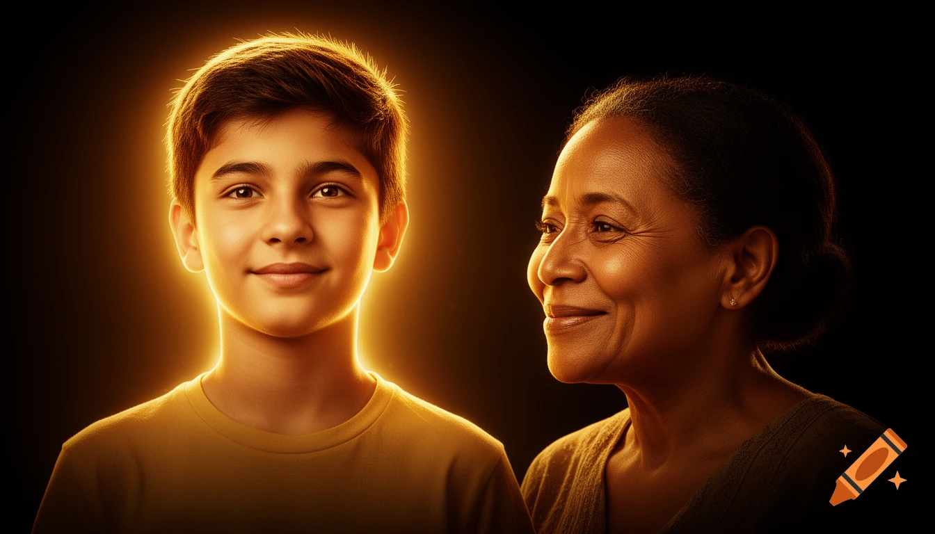 Smiling teenage boy with a golden aura next to an older woman looking at him proudly against a dark background.