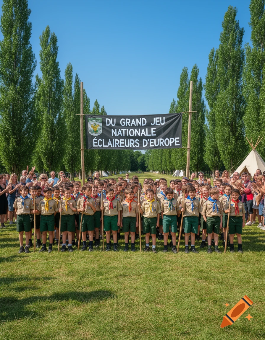 A large group of children in scout uniforms stand in rows on a grassy field under a banner. Tall trees and tents are in the background.