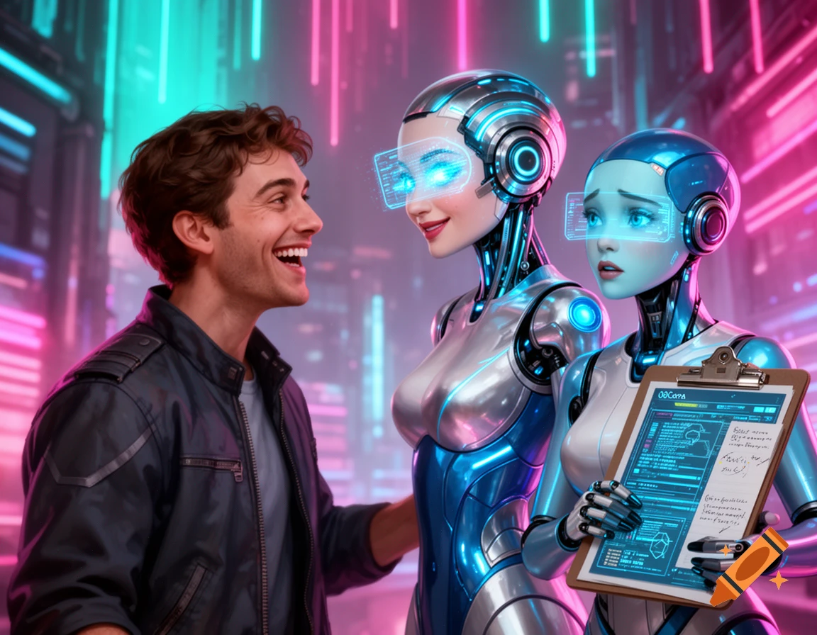 A smiling man in a futuristic city laughs with a confident AI woman, while another AI holding a clipboard looks concerned.