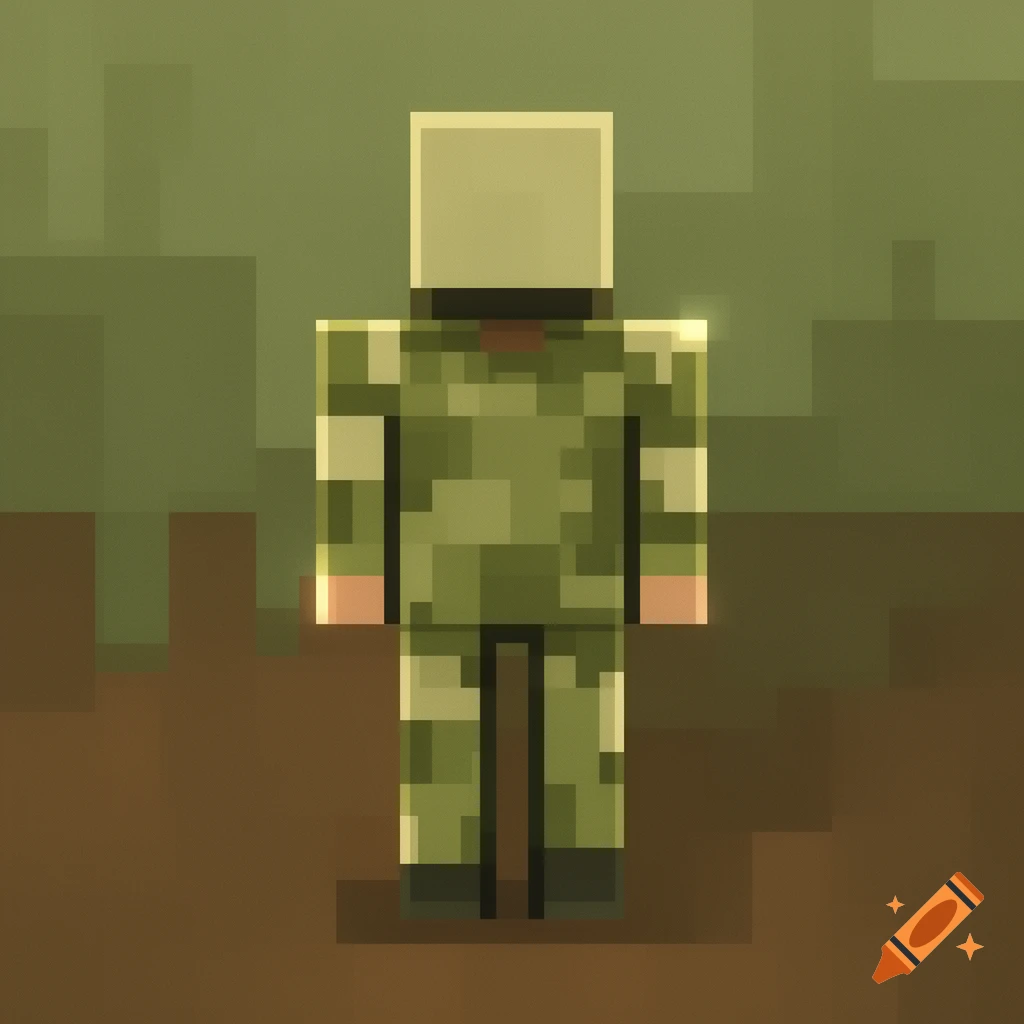 A pixel art Minecraft character in green camouflage, with a large square head, standing against a green and brown background.