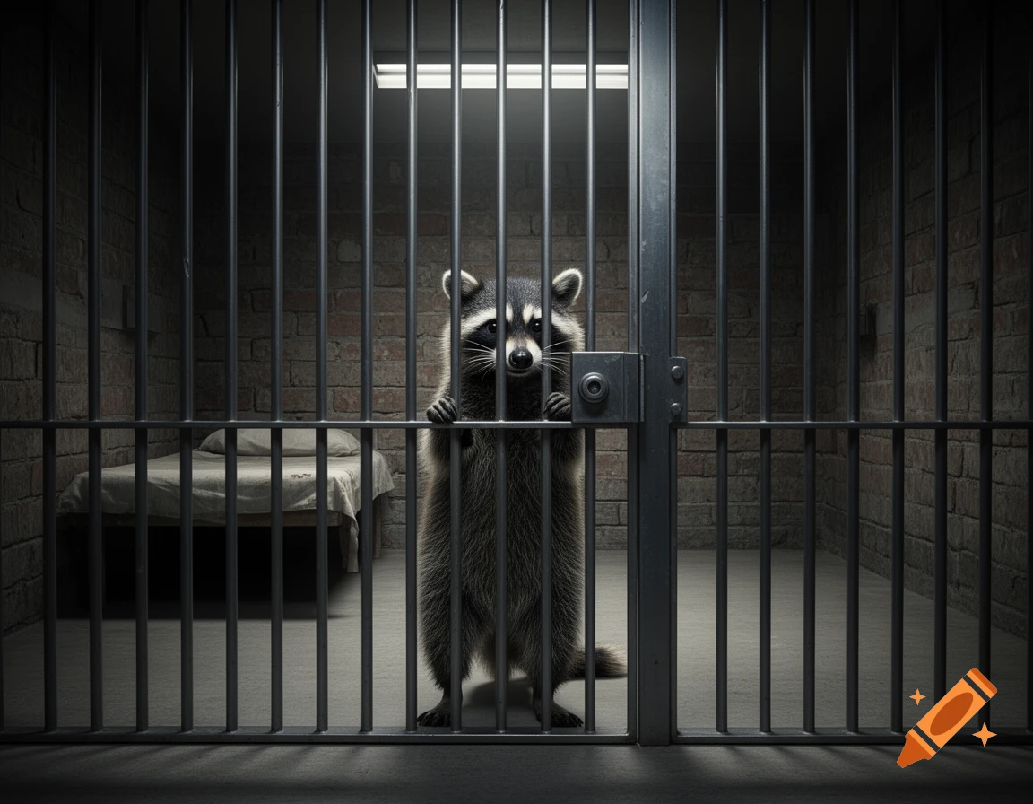 A photorealistic raccoon stands upright behind the metal bars of a dimly lit prison cell, with a bed visible in the background.