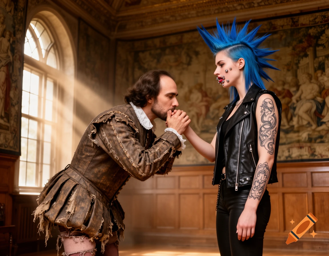 A man in shabby historical attire bows, kissing the hand of a punk woman with blue mohawk, piercings, and tattoos in a grand hall.