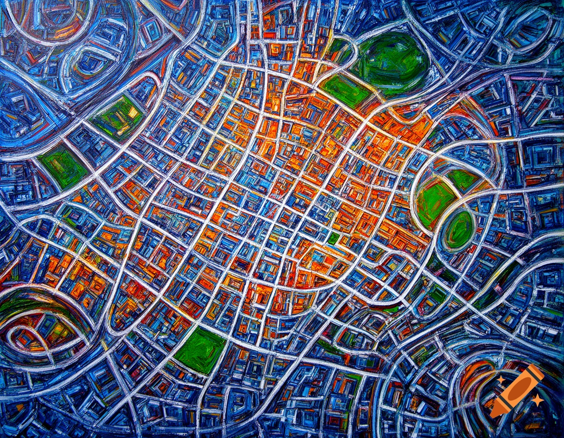 An abstract painting depicting a colorful city map with a grid of orange and blue buildings, white roads, and green parks.