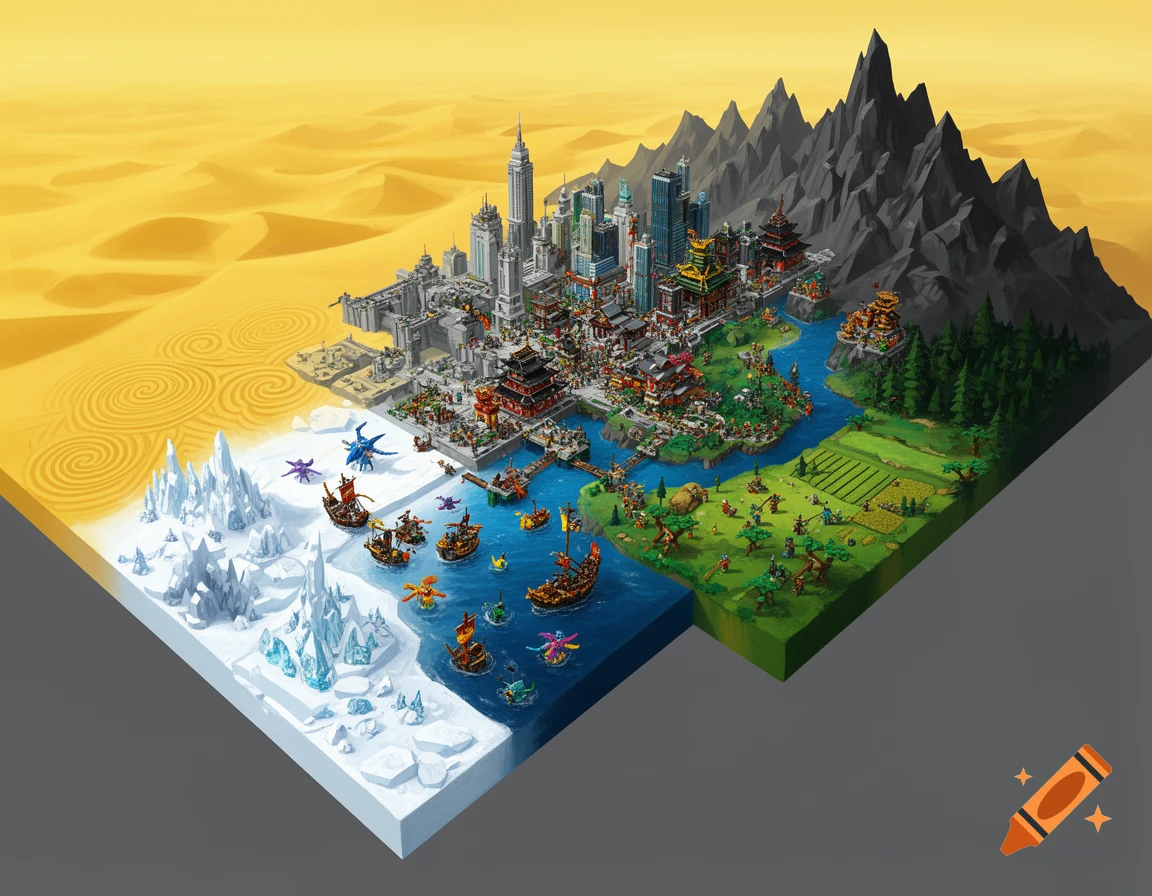 Isometric bird's-eye view of a Lego Ninjago realm in an L-shape, showing desert, city, water, tundra, mountains, and grassy biomes.
