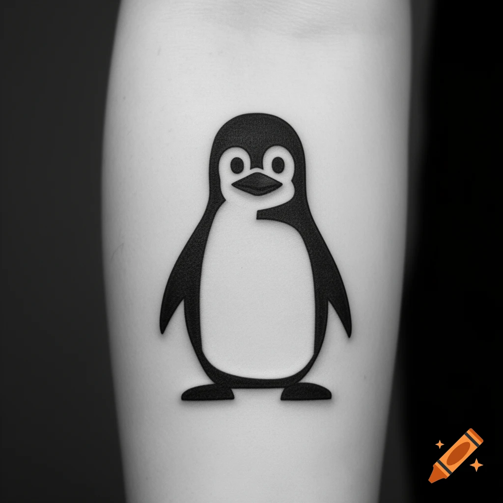 Black and white stylized penguin tattoo on a person's arm.