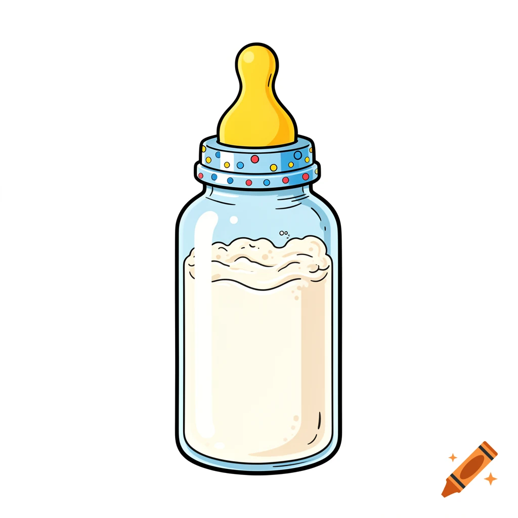 50s cartoon pop art illustration of a baby bottle filled with milk, on a white background.