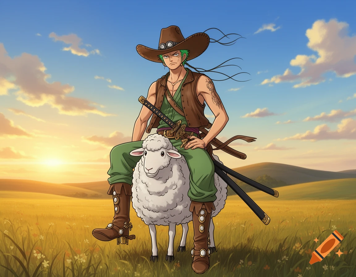 Anime character Zoro, dressed as a cowboy, sits atop a white sheep in a sunny, grassy field.