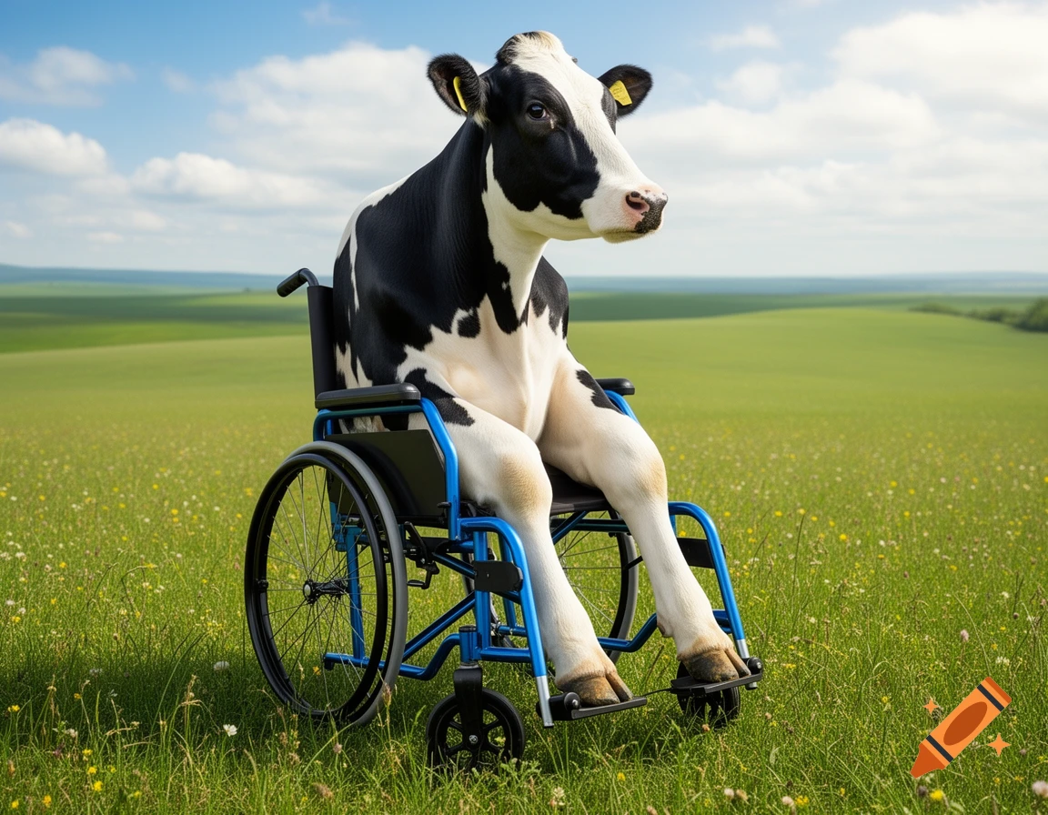 A photorealistic black and white cow sits upright in a blue wheelchair in a green field under a blue sky.