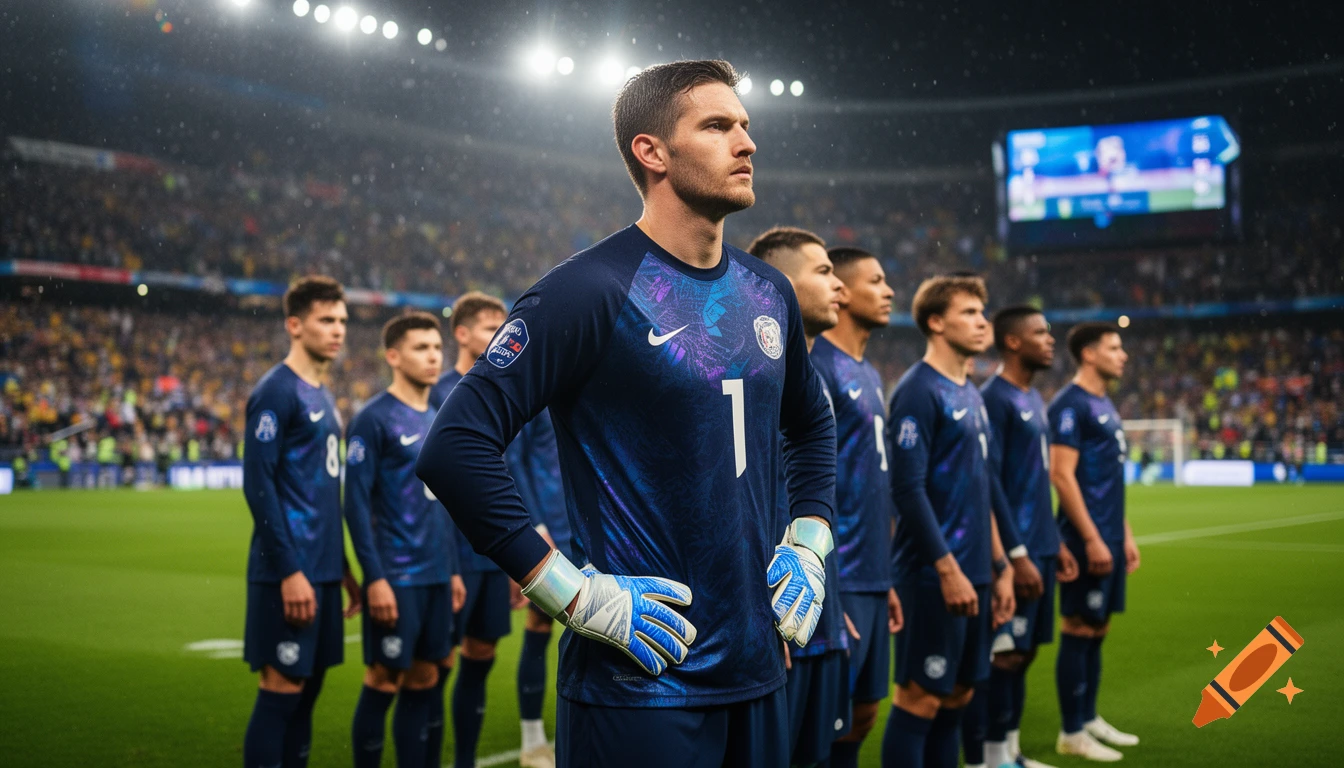A male soccer goalkeeper in a navy blue and purple jersey with the number 1, standing with his team on a rainy stadium field before a match.