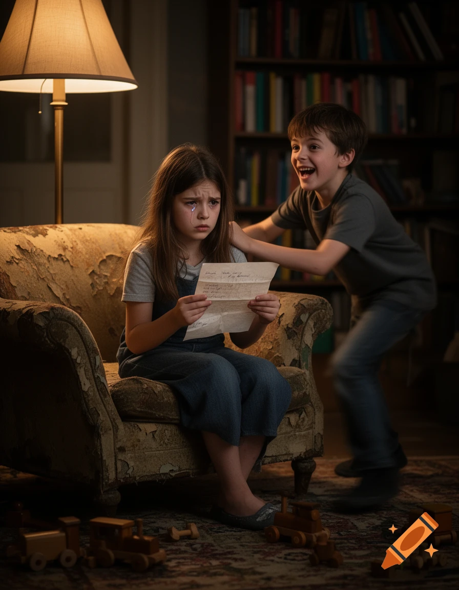 A crying girl reads a letter in an armchair while a boy laughs and pushes her shoulder, surrounded by wooden toys in a dimly lit room.