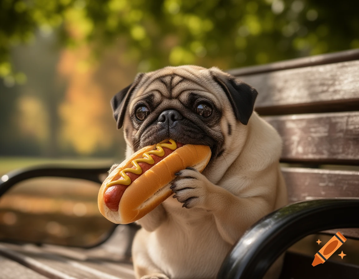 A photorealistic pug sitting on a wooden bench, holding and eating a hot dog with mustard.