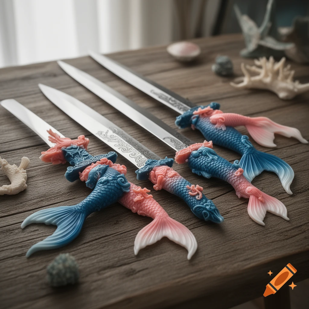 Four decorative swords with blue and pink mermaid tail handles and dragon hilts on a rustic wooden table.