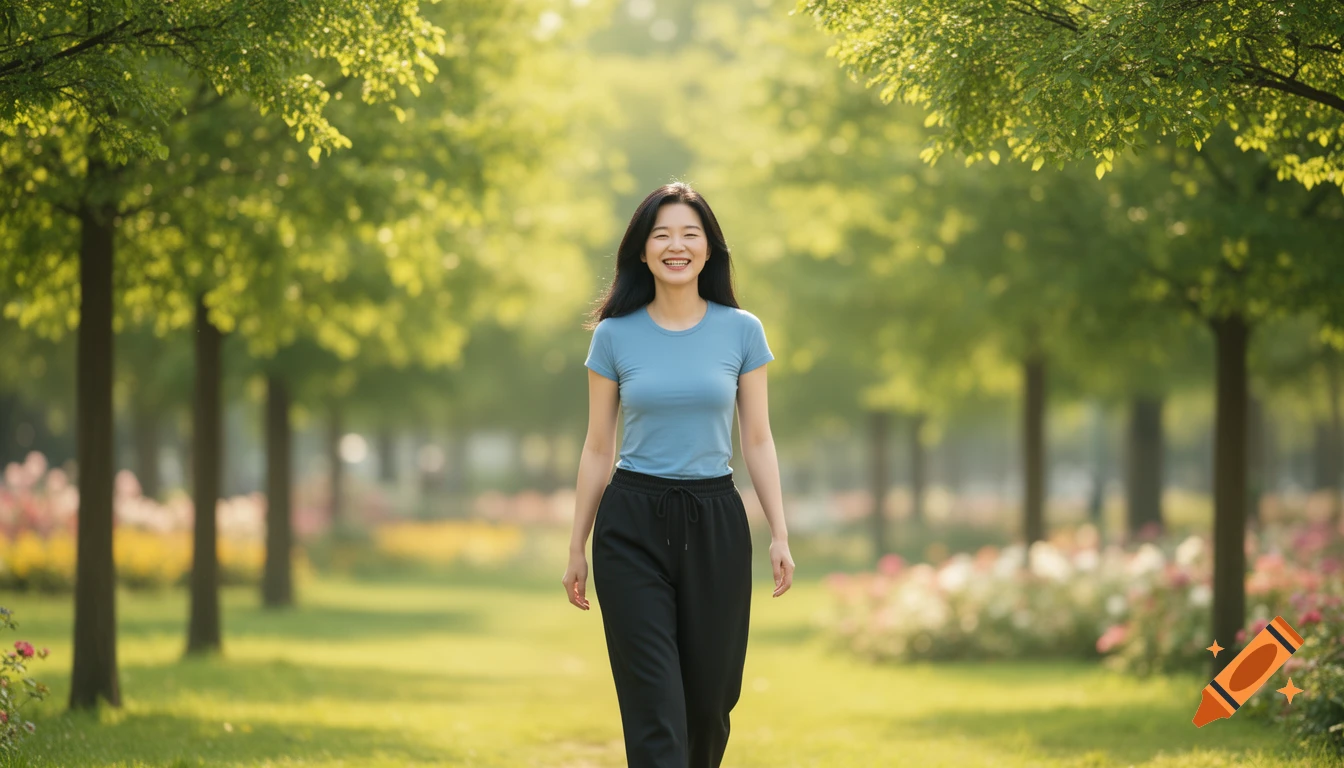 A smiling Korean woman walks in a sunny park lined with green trees, wearing a blue shirt and black pants. Photorealistic.