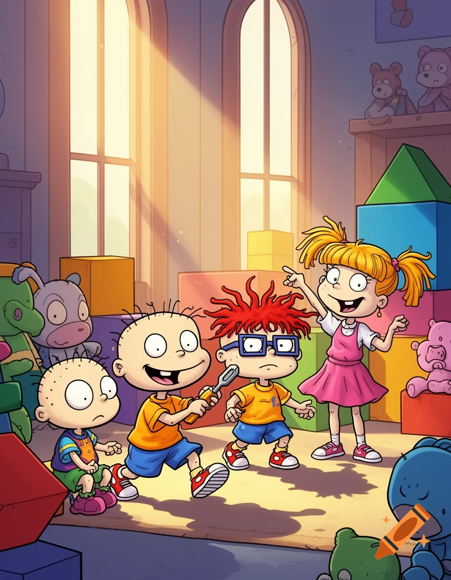 Cartoon Rugrats toddlers playing in a brightly lit playroom with building blocks and stuffed animals.