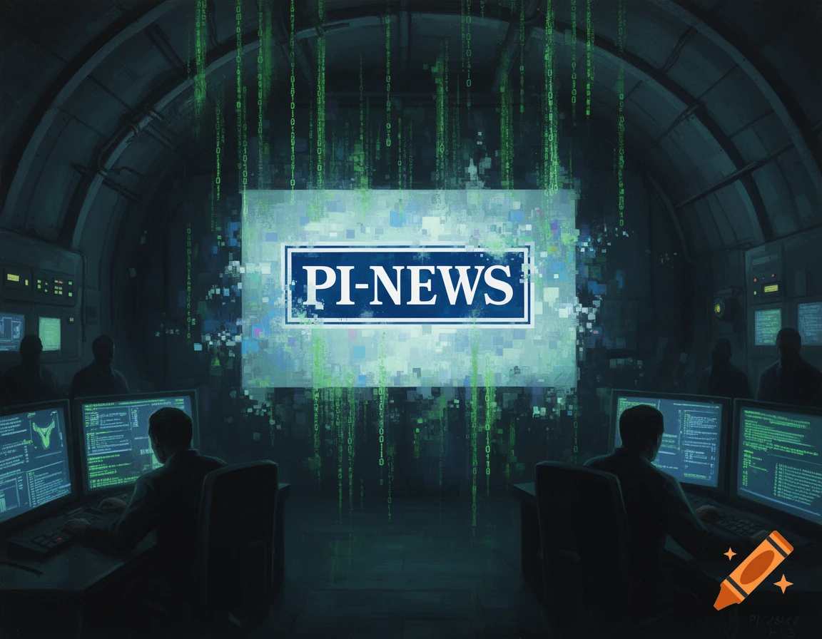 A dark, high-tech control room with people at computers and a large screen displaying 'PI-NEWS' and falling green binary code, depicting a cyberattack.