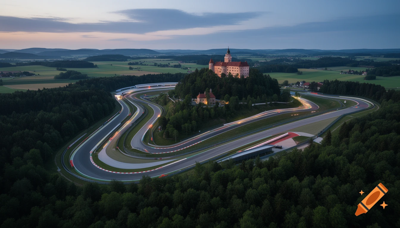 Aerial view of a winding race track with light trails curving around a hill topped by an illuminated castle at twilight.