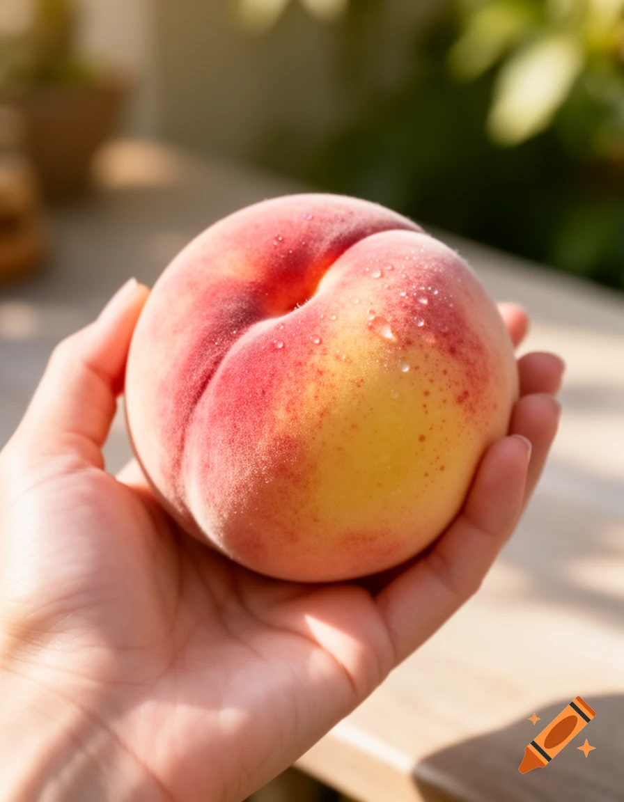 A close-up photorealistic shot of a person's hand gently holding a fresh, ripe peach with water droplets.
