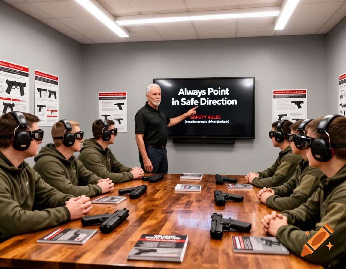 A man instructs students in a firearm safety class, with handguns on a wooden table and safety rules displayed on a large screen.