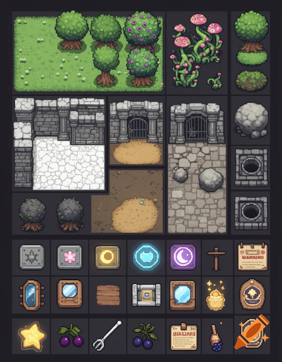 A pixel art 2D top-down RPG sprite sheet and tileset, organized on a grid, featuring grass, trees, mushrooms, stone structures, various items, and puzzle elements.