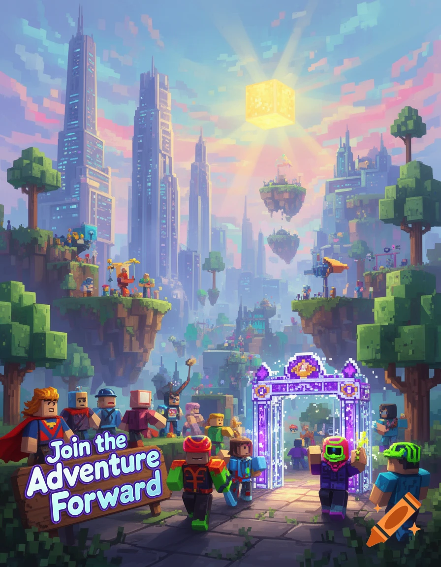 A vibrant pixel art cityscape with blocky characters, floating islands, and a sign reading 'Join the Adventure Forward' under a bright sky.