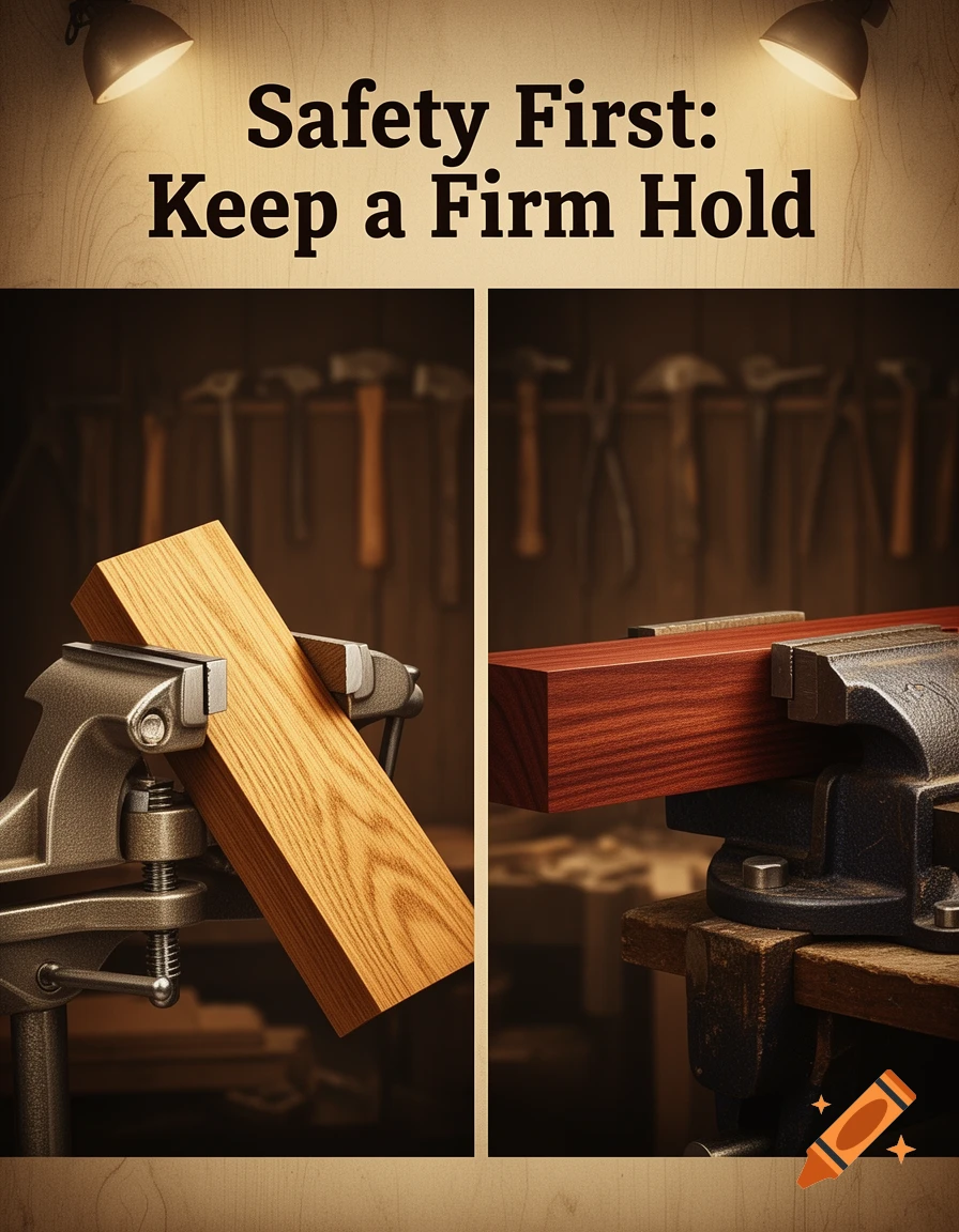 A safety poster showing two vices: one loosely holds a light wood plank, the other tightly grips a darker wood beam. Text: 'Safety First: Keep a Firm Hold'.