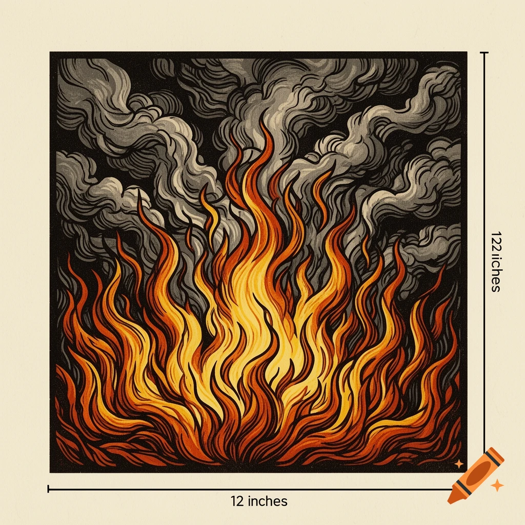 A vibrant woodcut illustration of dense orange and yellow flames with swirling gray smoke against a black background.
