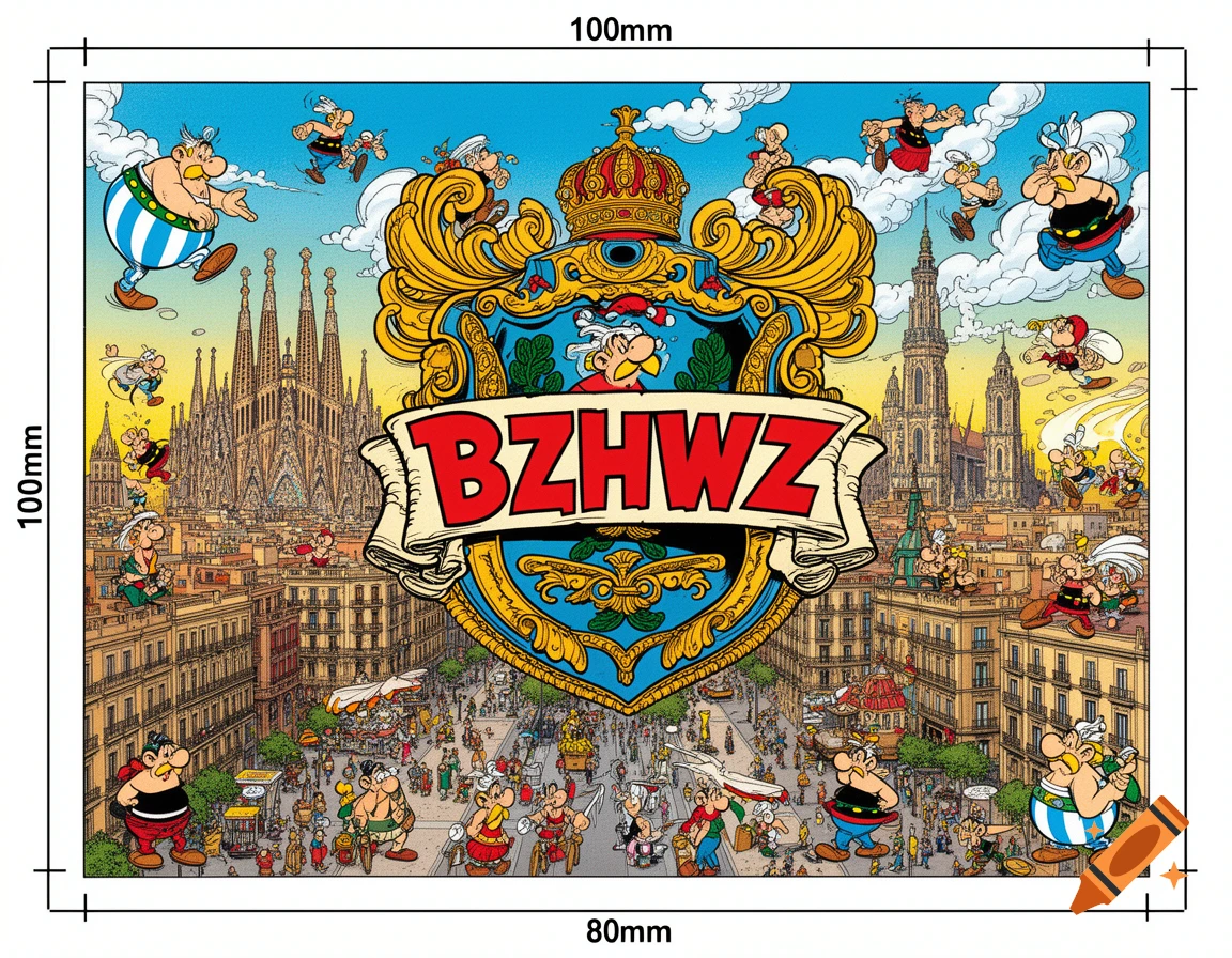 Comic-style illustration of Asterix characters in a busy Barcelona cityscape, featuring Sagrada Familia and a crest with 'BZHWZ'.