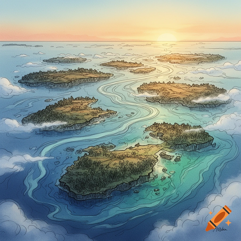 Illustrated overhead view of numerous forested islands in a clear blue-green sea under a sunset sky.