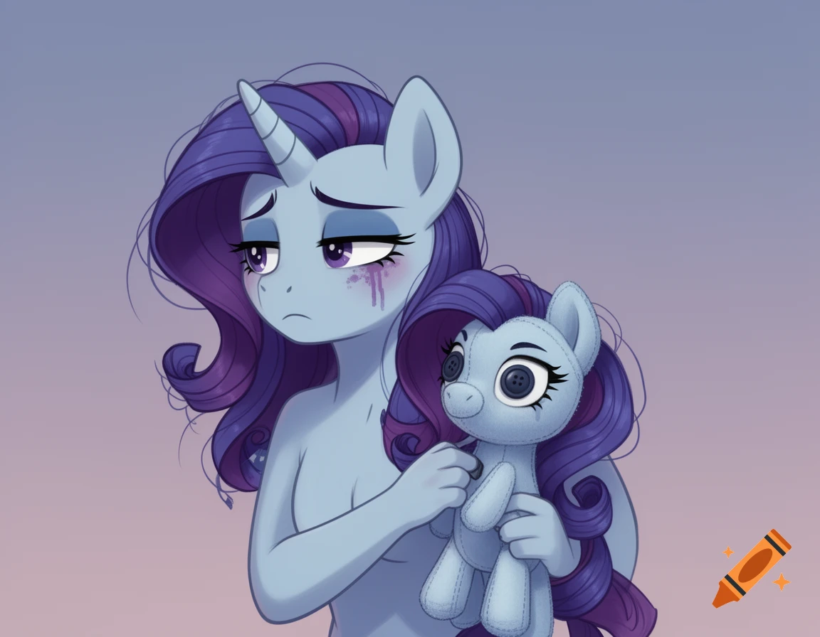 A sad, light blue unicorn pony with disheveled purple hair and smeared eye makeup holds a perfect plush toy replica of herself with button eyes.