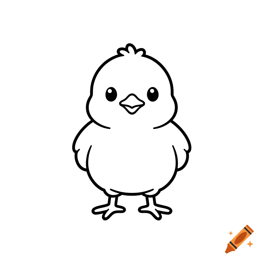 A simple black outline drawing of a cute baby chick on a white background.